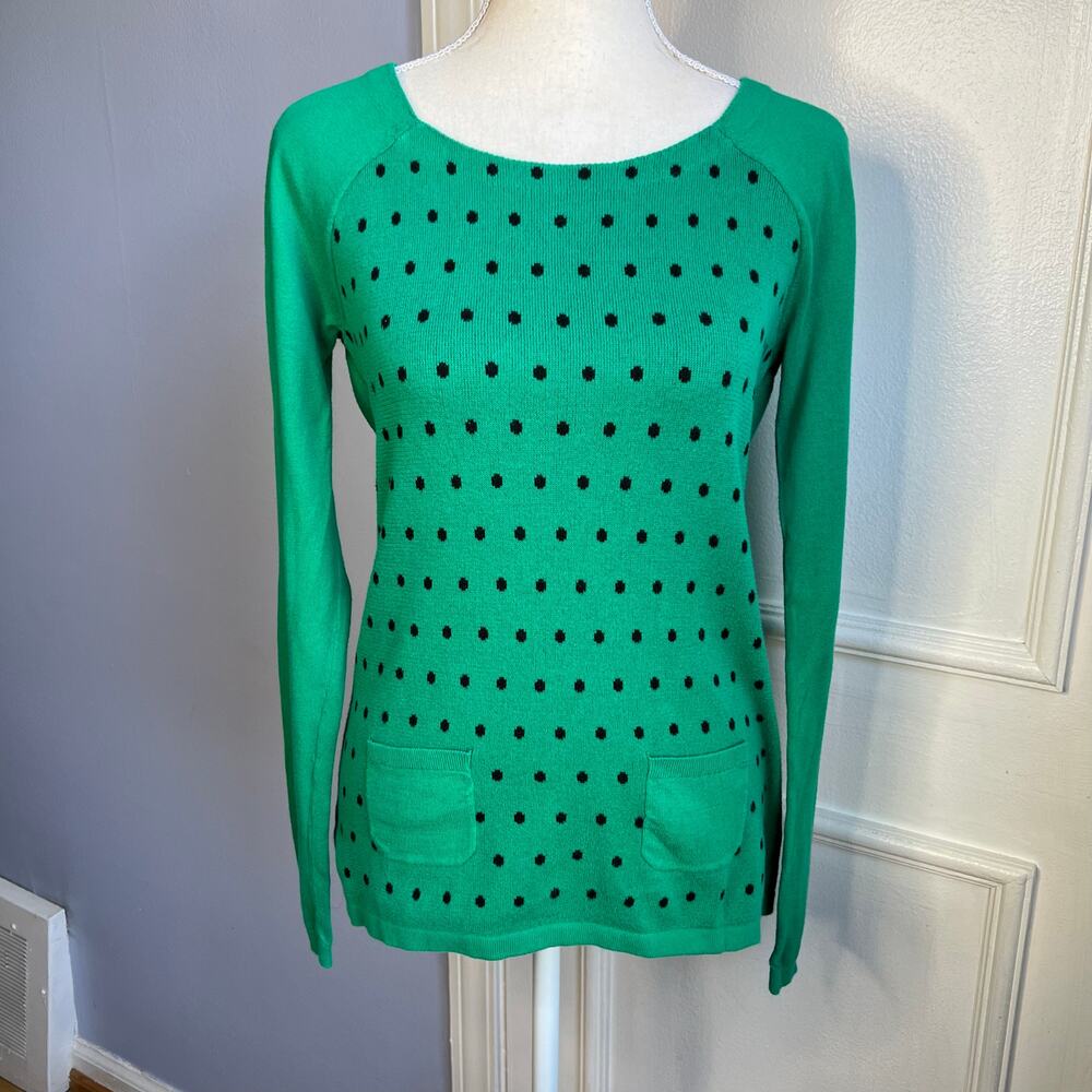 LOFT Polka Dot Cotton Sweater Long Sleeve Women's Size XS Extra Small Green